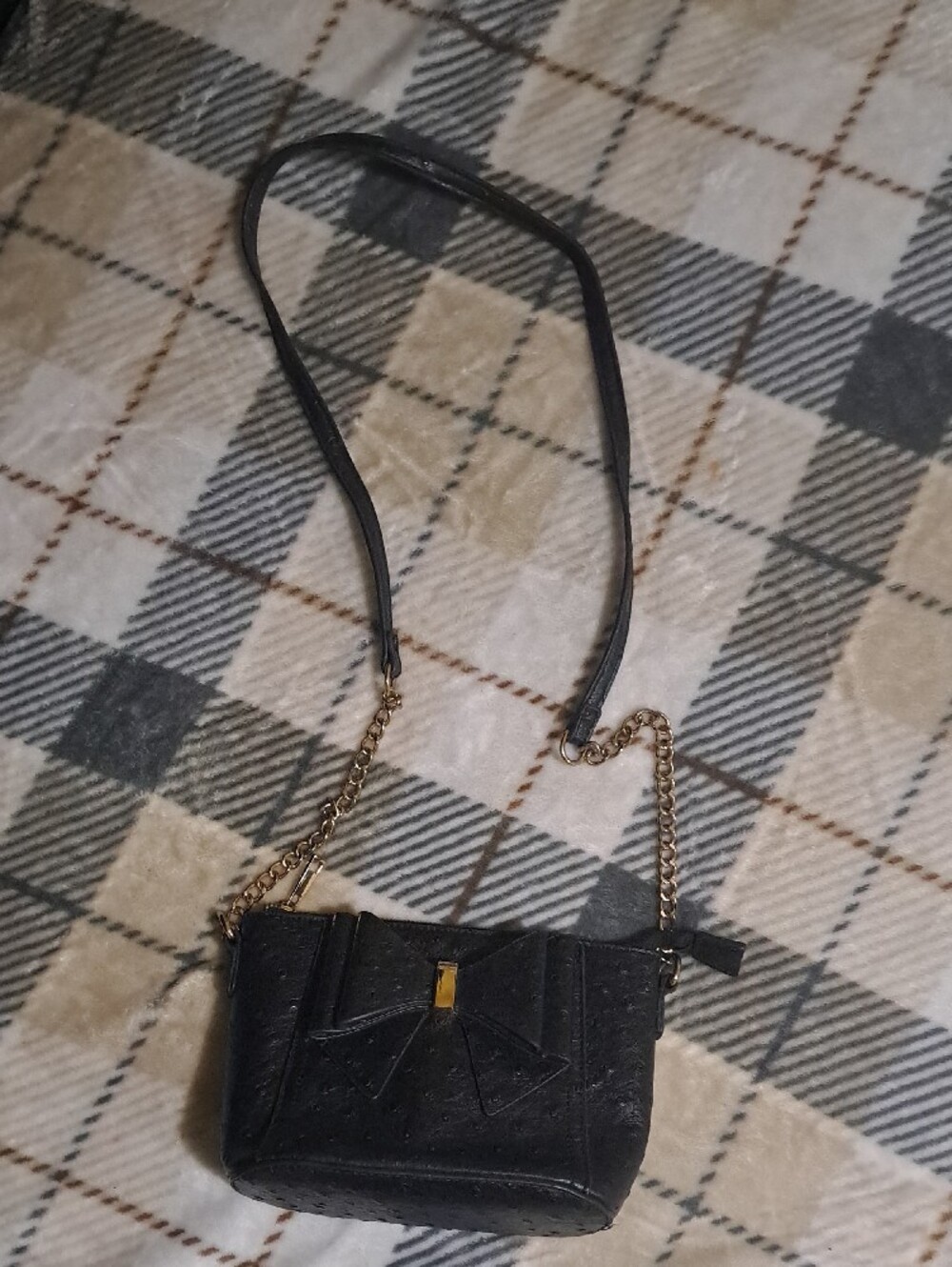 Black Bow Accent Crossbody Bag with Gold Chain - Picture 2 of 6